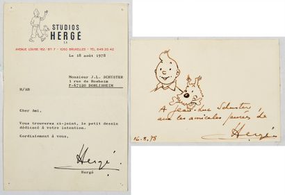 Hergé - dédicace: Superbe ensemble composé d'une carte agrémentée d'un dessin original...