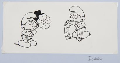 PEYO (Studio) - Original drawings : Ink drawings on a sheet representing a smurf...