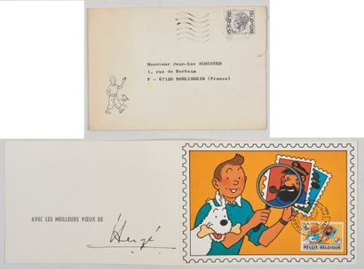 HERGÉ - Greeting card 1980: Reproduction of the stamp Philately of the youth. Signed...