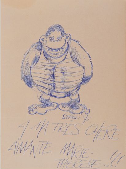 Seron - dédicace : Drawing representing a gorilla on the back of a menu of the Spirou...