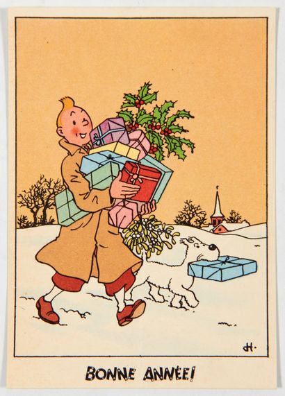 null Tintin Snow Card : Tintin and Snowy carry gifts. Second edition with the mention...