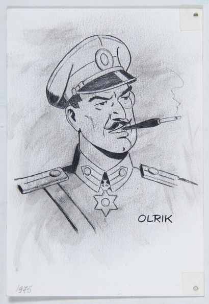 Jacobs - dédicace : Card depicting Colonel Olrik enhanced in graphite, with six lines...