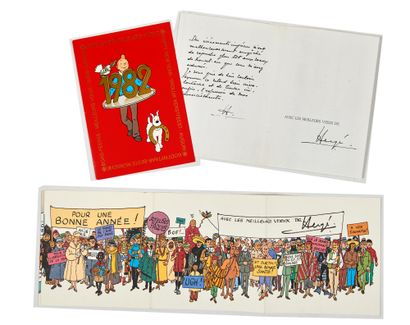 HERGÉ - Greeting card 1982 + 1973: Tintin wearing on a tray the year 1982. Original...