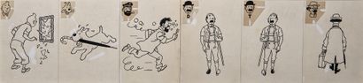 HERGÉ - Original drawings : Exceptional set of 6 drawings representing the main characters...
