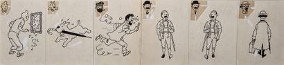 HERGÉ - Dessins originaux : Exceptionnel ensemble des 6 dessins représentant les...