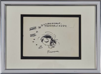 Franquin - dédicace : Very nice drawing representing Gaston asleep (12,5 x 17,5 ...
