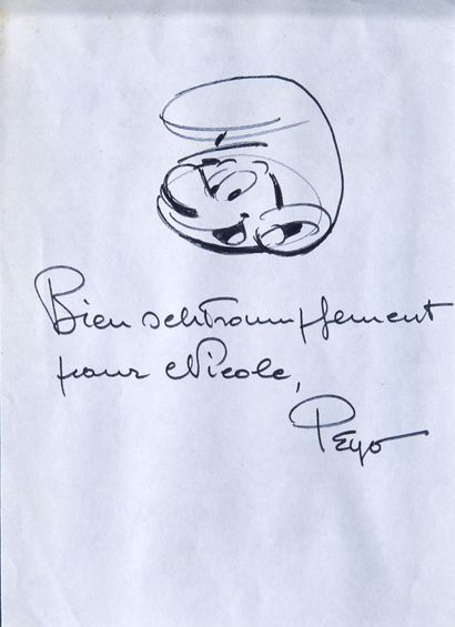 Peyo - dédicace : Nice drawing representing a smurf smiling (14 x 20 cm).