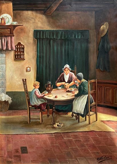 null O.LECLERCQ(活跃于19世纪末)

家庭早餐

两幅油画，一幅在画布上，一幅在纸板上，贴在画板上，署名右下。

74 x 54.5厘米