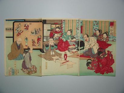 JAPON Triptyque de Kiyochika, le perdant au concours de poésie. 1884.
