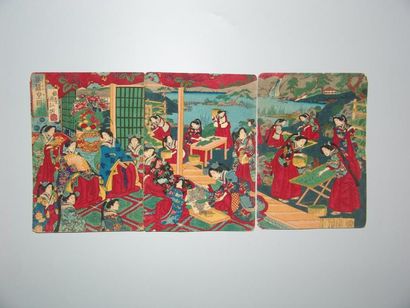 JAPON Triptyque de Kunimasa, élevage de ver à soie. 1887.