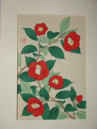 JAPON Estampe de Genko, branche de fleurs rouge. Vers 1930.