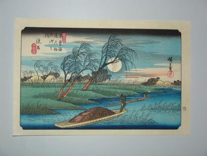 JAPON Estampe de Hiroshige, série des 69 stations du Kisokaido, station 32, les flotteurs...