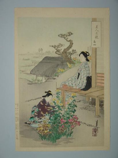 JAPON Estampe de Gekko, deux jeunes femmes cueillent des chrysanthèmes. 1887.