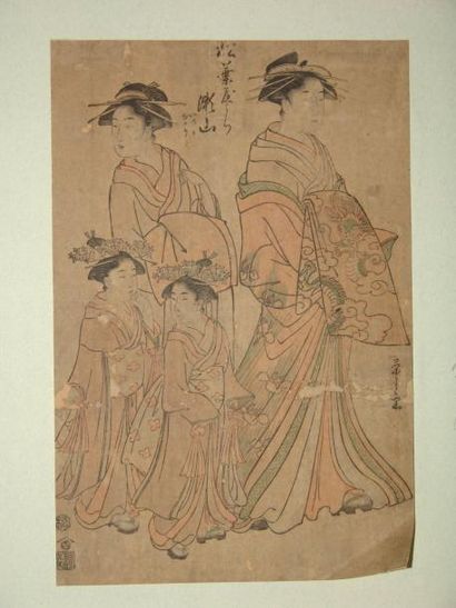 JAPON Estampe d'Eishi, quatre jeunes femmes en promenade. Vers 1785.
