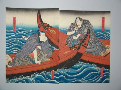 JAPON Diptyque de Toyokuni III, deux hommes sur des bateaux. Vers 1846.