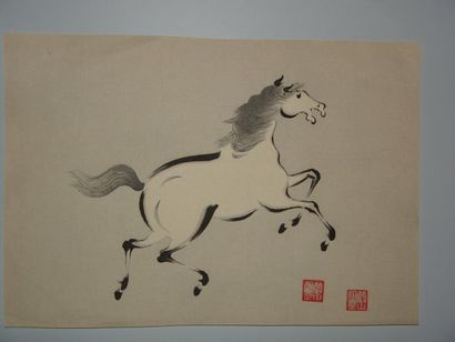 JAPON Deux estampes d'Aoyama, à sujet de chevaux. Vers 1930.