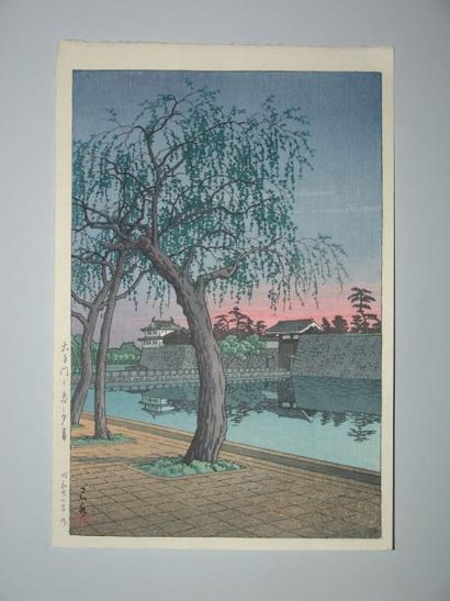 JAPON Estampe de Hasui, la pagode de Heiriu à nobidome. 1952.