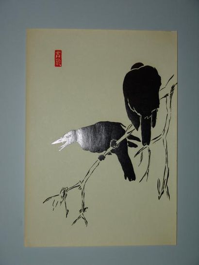 JAPON Deux estampes de Girin, coq et poule, et un couple de corbeaux. Vers 1930.