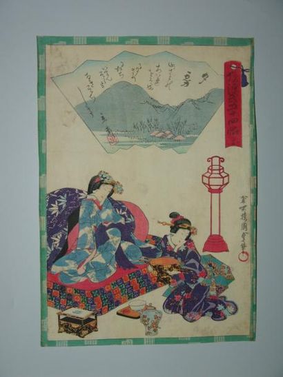 JAPON Estampe de Kunisada, série du prince Genji, deux jeunes femmes. Vers 1847.