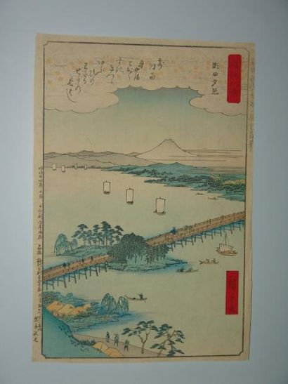 JAPON Estampe de Hiroshige, série des 8 vues d'Omi, le pont à Seta. 1891.