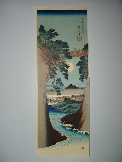 JAPON Estampe de Hiroshige, kakemono, le pont sur la gorge de la rivière Kiso. Vers...