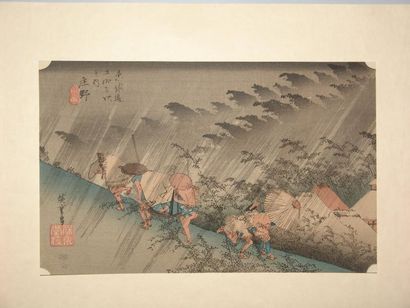 JAPON Estampe de Hiroshige, série du grand Tokaido, station 46 « Shono ». Vers 1...