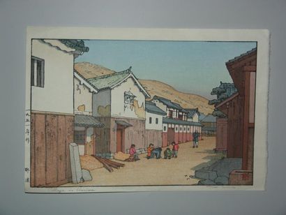 JAPON Estampe de Toshi Yoshida, une rue au village de Harima. 1951.
