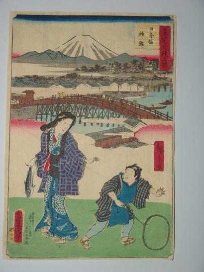 JAPON Estampe de Hiroshige et de Toyokuni III, série des vues d'Edo, le pont nihonbashi...