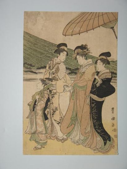 JAPON Estampe de Toyokuni I, quatre jeunes femmes en promenade. Vers 1 800.
