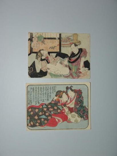 JAPON Deux estampes érotiques de Kuniyoshi, couples enlacés. Vers 1840.