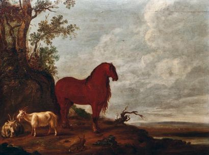 Attribué à Paulus POTTER (1625 - 1654) « Cheval près de deux chèvres » Huile sur...