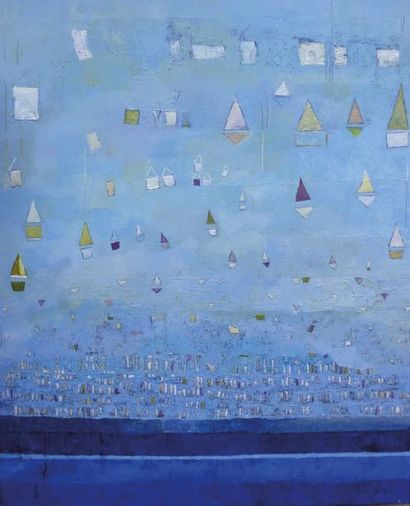 FURIC Catherine La plage bleue. Huile sur toile. SBD. 100 x 81 cm 