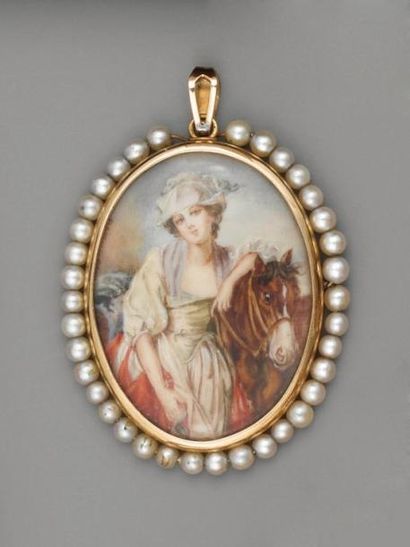 null Pendentif miniature peinte, émaillée polychrome, en or et perles