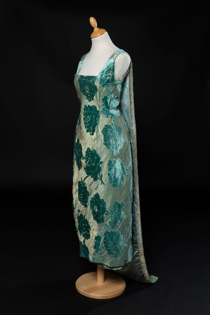 HOPE & Co 
Evening dress in turquoise velvet cut on a silver lamé background decorated...