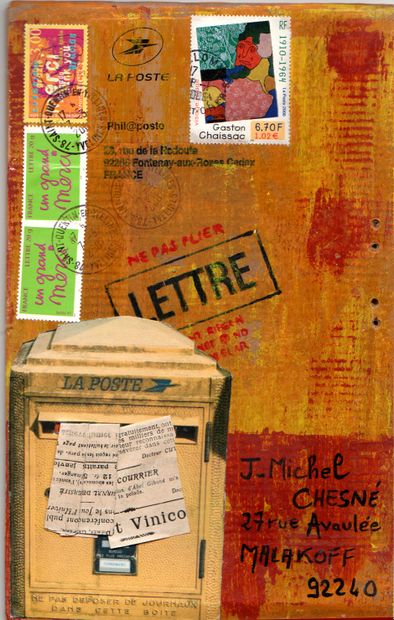 BONNEC Lydie La poste / Enveloppe Mail-Art cartonnée / Technique mixte et collage...