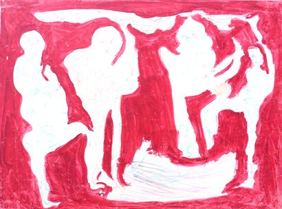 PONS Jean Personnages rouges dansants / Gouache et crayon de couleurs sur papier...