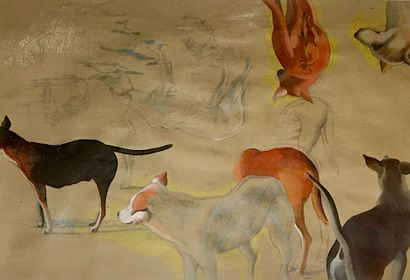 CUECO HENRI Les chiens de Saqqarah / Technique mixte sur papier Vézère / Signé en...