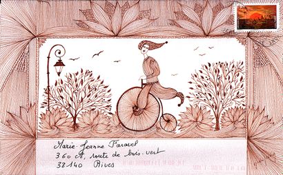 PESSIN Nicole La draisienne / Enveloppe Mail-Art / Encre sur papier épais / Signé...