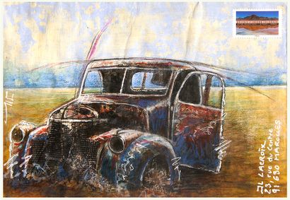 LACROIX Jean-Luc Mail Car / Enveloppe Mail-Art / Acrylique et crayon sur papier recouvert...