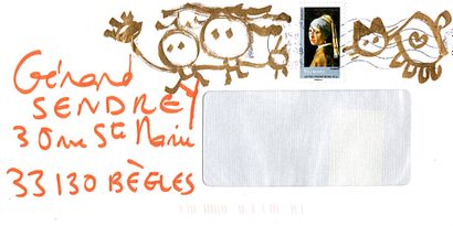 GUALLINO Patrick Sans titre / Enveloppe Mail-Art / Peinture doré sur papier / 10,9...