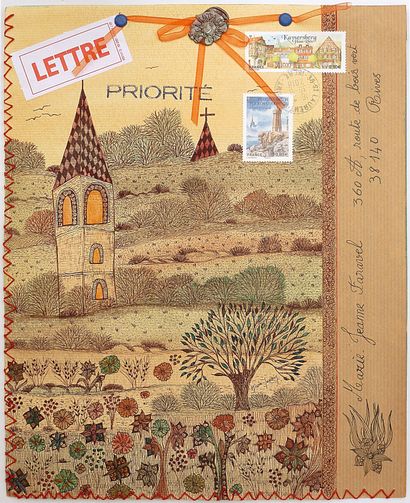 PESSIN Nicole Sans titre / Enveloppe Mail-Art faite main cousue de fil rouge munie...