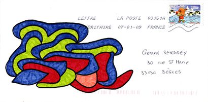 GOUX Claudine Sans titre / Enveloppe Mail-Art / Technique mixte sur papier / Tampon...