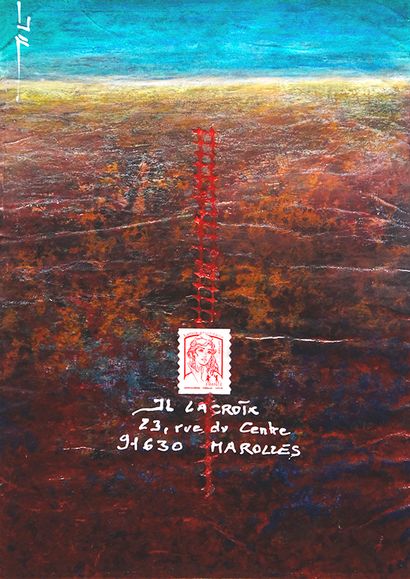 LACROIX Jean-Luc Mail Land / Enveloppe Mail-Art / Acrylique et crayon sur papier...