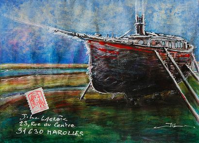 LACROIX Jean-Luc Mail Old Ship / Enveloppe Mail-Art / Acrylique et crayon sur papier...