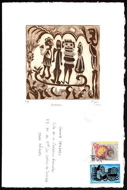GOUX Claudine Barque / Gravure Mail-Art / Eau-forte sur papier / Epreuve d'artiste...