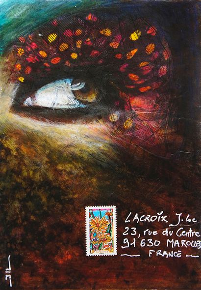 LACROIX Jean-Luc Mail Eye / Enveloppe Mail-Art / Acrylique et crayon sur papier recouvert...
