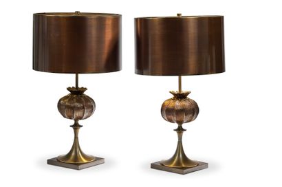 Chrystiane CHARLES Modèle Pavot 
Paire de lampes en bronze et métal doré à trois...