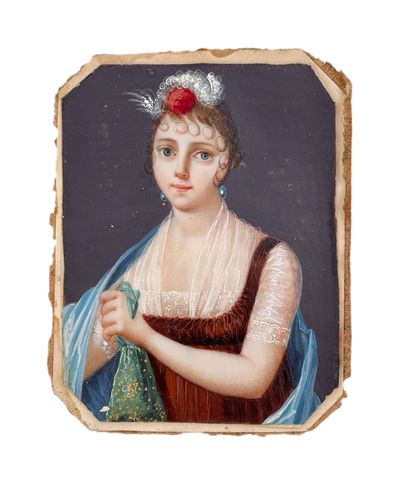 Ecole française, début XIXe siècle 
* Elegante à la robe marron, circa 1810
Miniature...