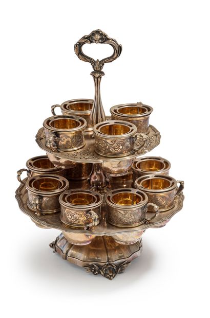 CHRISTOFLE Silver plated egg cup server decorated with foliage. Tripod base decorated...