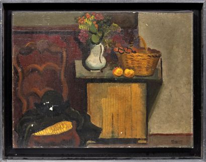 Roger BISSIÈRE (1886-1964) 
Pichet et fruits
Huile sur toile, signée en bas à droite...